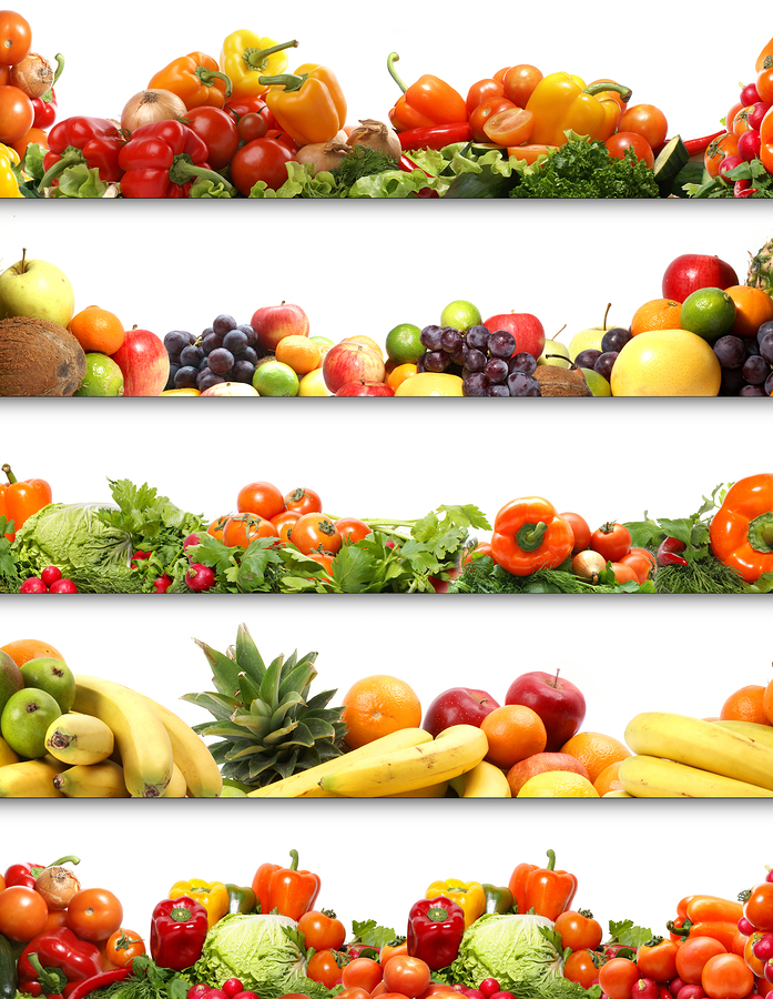 5 nutrition textures (fruits and vegetables isolated on white)